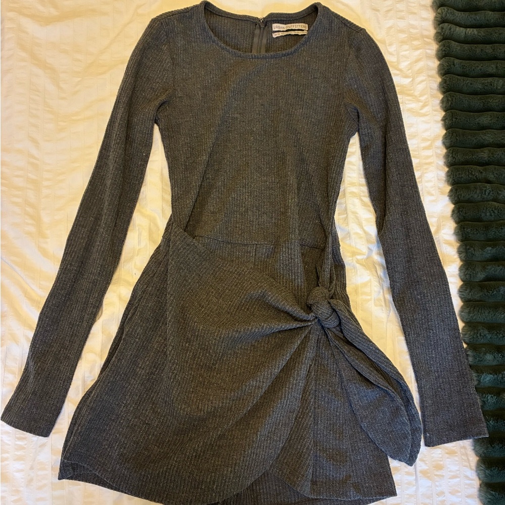 Urban Outfitters Gray Ribbed Long Sleeve Knot Dress